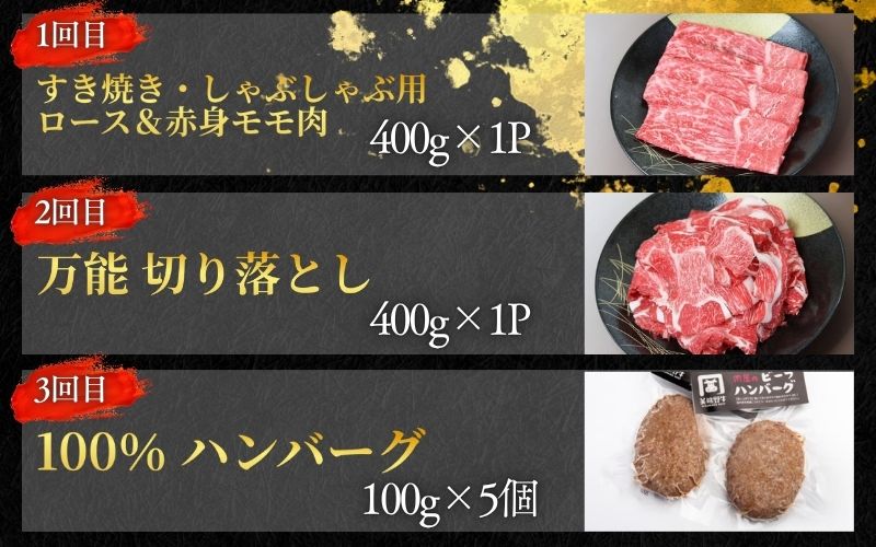 【全3回】美熊野牛 定期便A ＜すき焼きしゃぶしゃぶ用ロース＆赤身モモ肉 400g・切り落とし 400g・ハンバーグ 100g×5個＞【okad-tkb0011】