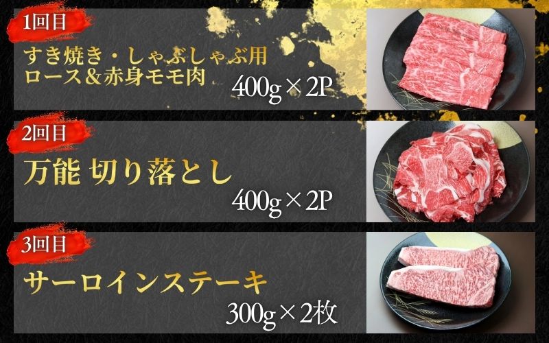 【全3回】美熊野牛 定期便F ＜すき焼きしゃぶしゃぶ用ロース＆赤身モモ肉 800g・切り落とし 800g・サーロインステーキ 300g×2枚＞【okad-tkb0016】