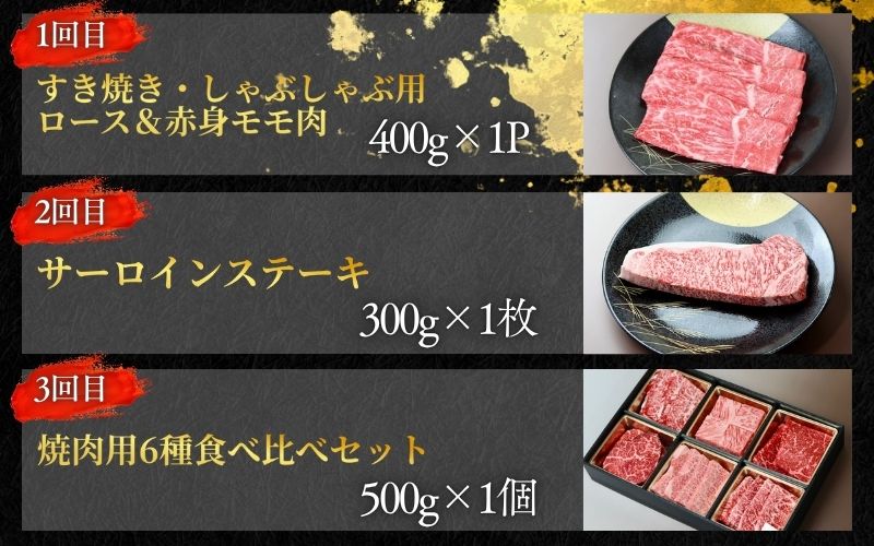 【全3回】美熊野牛 定期便G ＜すき焼きしゃぶしゃぶ用ロース＆赤身モモ肉 400g・サーロインステーキ 300g×1枚・焼肉用6種食べ比べ 500ｇ＞【okad-tkb0017】