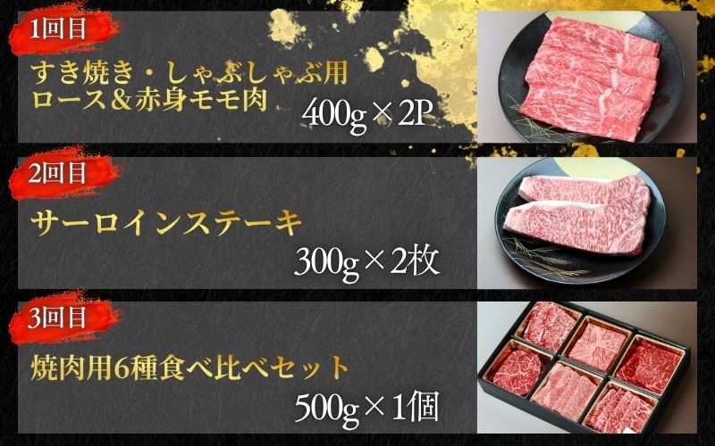 【全3回】美熊野牛 定期便H ＜すき焼きしゃぶしゃぶ用ロース＆赤身モモ肉 800g・サーロインステーキ 300g×2枚・焼肉用6種食べ比べ 500ｇ＞【okad-tkb0018】