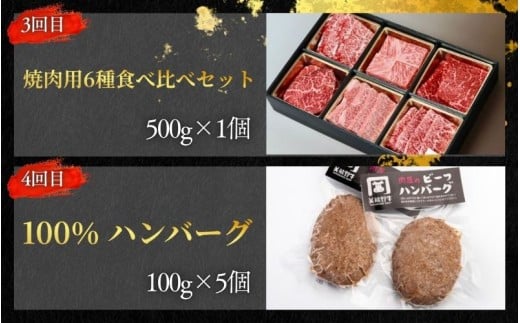 【全4回】美熊野牛 定期便A ＜すき焼きしゃぶしゃぶ用ロース＆赤身モモ肉 400g・切り落とし 400g・焼肉用6種食べ比べ 500ｇ・100％ハンバーグ 100g×5個＞  牛肉 肉 ブランド牛 和牛 黒毛和牛 国産牛 すき焼き しゃぶしゃぶ 赤身 赤身肉 焼肉 ハンバーグ 惣菜 肉定期便 人気 希少 おすすめ 三重県 熊野市【okad-tkb0019】