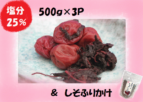 梅干し 熊野乃梅 昔ながらの梅（塩分25％） 500ｇ×3P  しそふりかけ【snby0003】