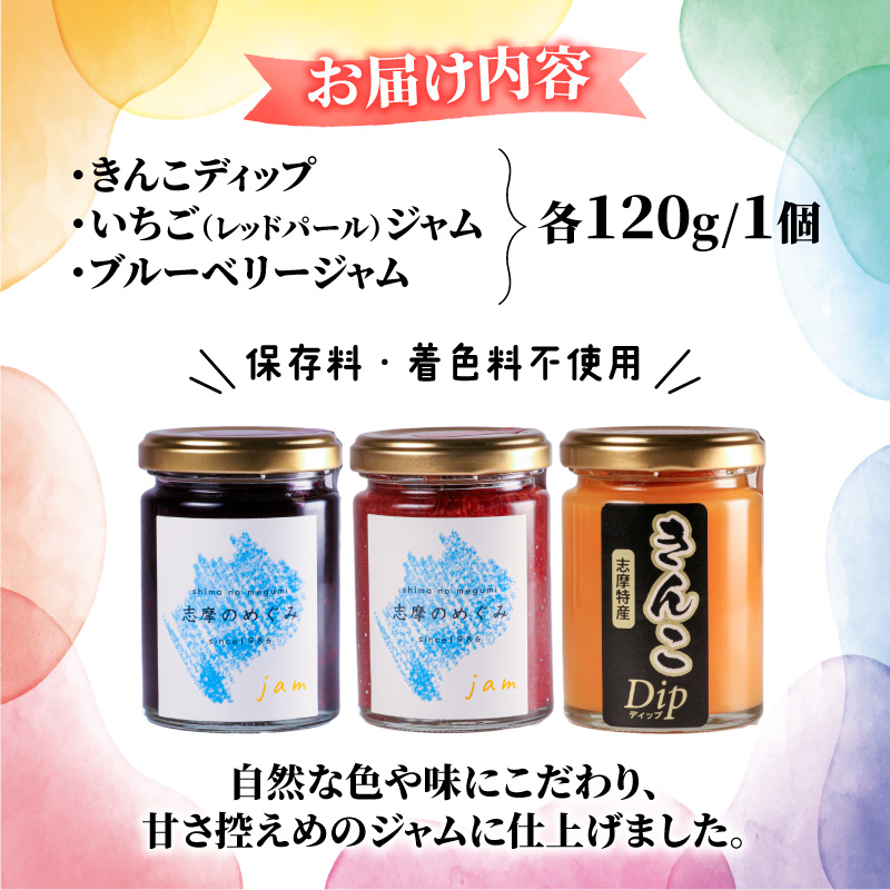 ジャム 3種 セット 120g×３個 いちご ブルーベリー きんこ 詰め合わせ フルーツ 果物 苺 ストロベリー レッドパール 芋 トースト パン 朝食 朝ご飯 贈り物 プレゼント ギフト 手作り 三重 伊勢志摩 志摩市 志摩のめぐみジャムセット 5000円 5千円 五千円
