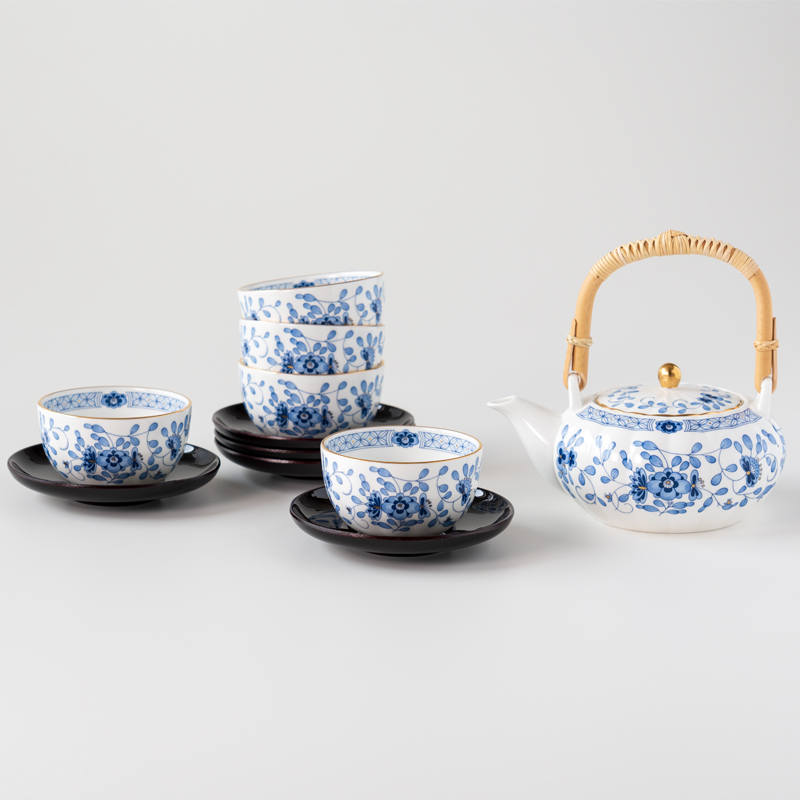 ≪NARUMI≫【ミラノ】茶器揃（茶托付）* 三重 志摩 伊勢志摩 食器 茶器揃 茶器 茶托 土瓶 湯呑 茶 和 セット ブルー NARUMI 三重ナルミ ナルミ ミラノ ボーンチャイナ ギフト プレゼント 包装 贈答用 贈答品 【100-48】