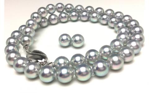 老舗の真珠専門店・高品質アコヤ真珠ブルーネックレスセット7.5～8.0ミリ（イヤリングセット） / あこや ネックレス 真珠 伊勢志摩 志摩 ギフト パール 母の日 記念 冠婚葬祭 〔500-17〕