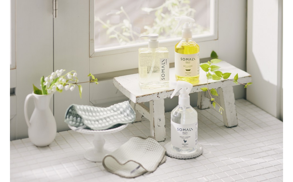 SOMALI ギフトH・水回り3点セット（台所用石けん ・トイレクリーナー ・バスクリーナー ・クロススポンジ／グレー・ホワイト付）