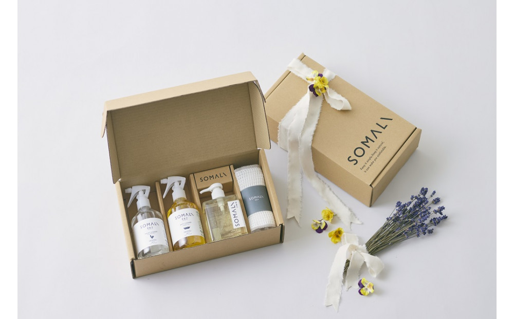 SOMALI ギフトH・水回り3点セット（台所用石けん ・トイレクリーナー ・バスクリーナー ・クロススポンジ／グレー・ホワイト付）