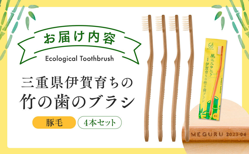 MEGURU 竹の歯ブラシ 豚毛 4本セット
