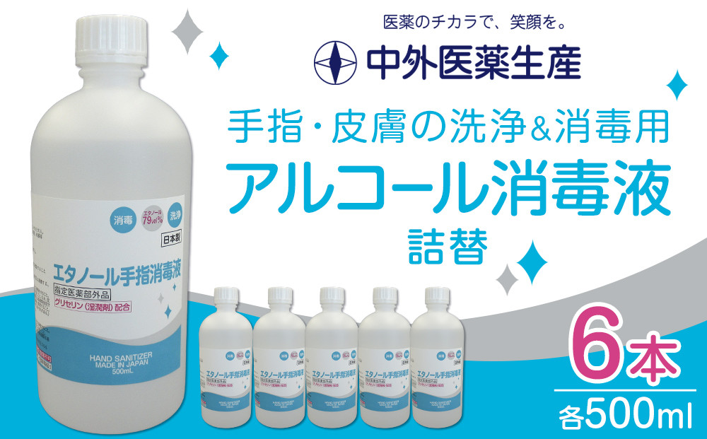 手指・皮膚の洗浄・消毒用 アルコール消毒液 500ｍl×6本（詰替）