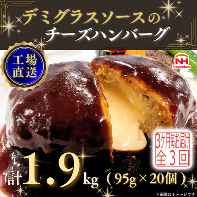 【3ヵ月毎定期便】デミグラスソースのチーズハンバーグ20個入 計1.9kg|冷凍小分日本ハム全3回【配送不可地域：離島】