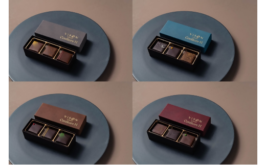 VISONオリジナルボンボンショコラ（ルージュ・シアン・ブラン・グリ）4箱セット ショコラ ボンボン チョコレート 詰め合わせ 12種 3個セット 個包装 和風 調味料 お酒 お茶 フルーツ 贈答品 贈答用 ギフト 三重県 多気町 コンフィチュールアッシュ VCH-01