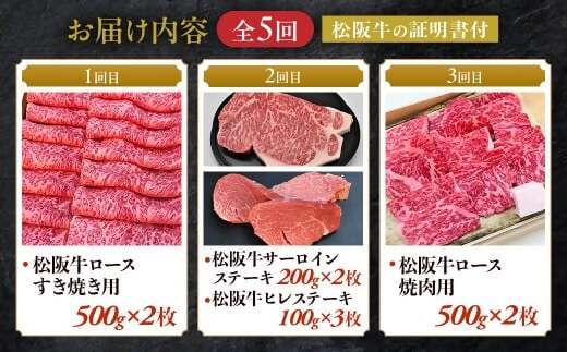 松阪牛プレミアム定期便　全５回お届け！　極上の柔らかさ 化粧箱入り （柔らかい 松坂牛 松阪肉 霜降り 高級ブランド牛 リブロース 焼しゃぶ ステーキ すき焼き 自宅用 贈答品 ギフト クリスマス お正月 年末年始 お歳暮 お中元 牛肉 とろける 和牛 三重県 A4 A5 特産 GI）三重県 多気町 NTY-40