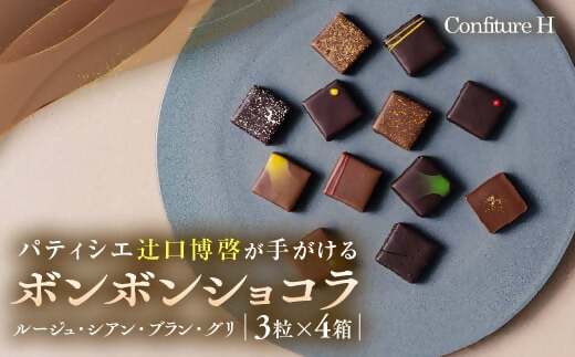 VISONオリジナルボンボンショコラ（ルージュ・シアン・ブラン・グリ）4箱セット ショコラ ボンボン チョコレート 詰め合わせ 12種 3個セット 個包装 和風 調味料 お酒 お茶 フルーツ 贈答品 贈答用 ギフト 三重県 多気町 コンフィチュールアッシュ VCH-01
