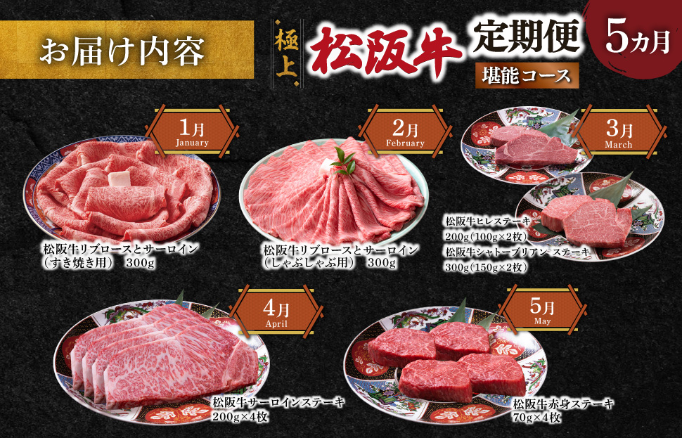 極上 松阪牛 堪能 コース 定期便 5か月 牛追道中 肉 牛 牛肉 和牛 ブランド牛 高級 国産 霜降り 冷凍 ヒレ シャトーブリアン 赤身 リブロース サーロイン すき焼き しゃぶしゃぶ US32