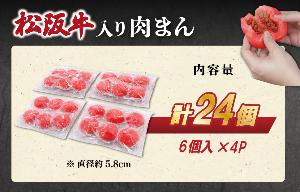 松阪牛入り 肉まん 24個 松阪牛 松坂牛 肉 にく ニク 牛 牛肉 和牛 ブランド牛 高級 国産 冷凍 ふるさと 人気 中華まん おやつ ミンチ 合挽 簡単 加工品 レンジ SS61
