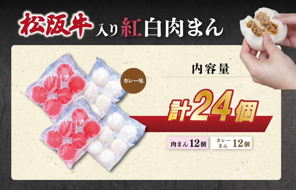 松阪牛入り 紅白まん 24個 松阪牛 肉まん 松坂牛 肉 にく ニク 牛 牛肉 和牛 ブランド牛 高級 国産 冷凍 ふるさと 人気 中華まん おやつ ミンチ 合挽 簡単 加工品 レンジ SS60