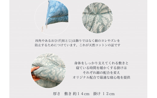 極上純綿　もめん布団　掛敷セット　(菊水柄・ブルー)【CW1