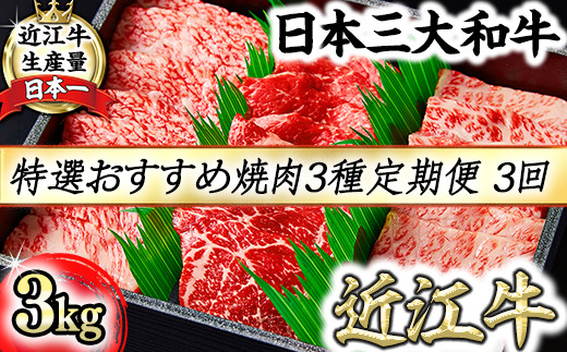 【定期便】A5等級特選近江牛おすすめ部位 焼肉3種（1kg×3回