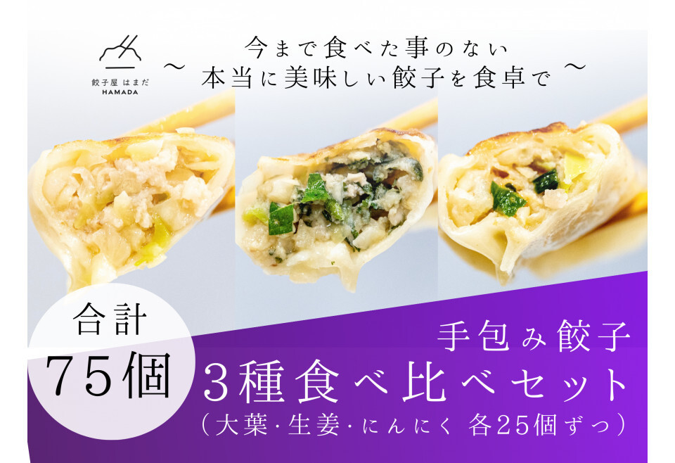 餃子 手包み餃子 3種食べ比べセット 合計75個 餃子屋はまだ