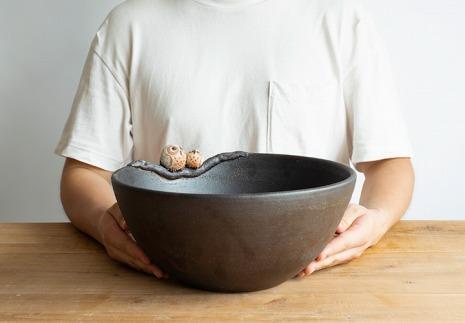 【信楽焼・明山】仲良しふくろう丸型手洗鉢(φ30cm)　washbowl-08