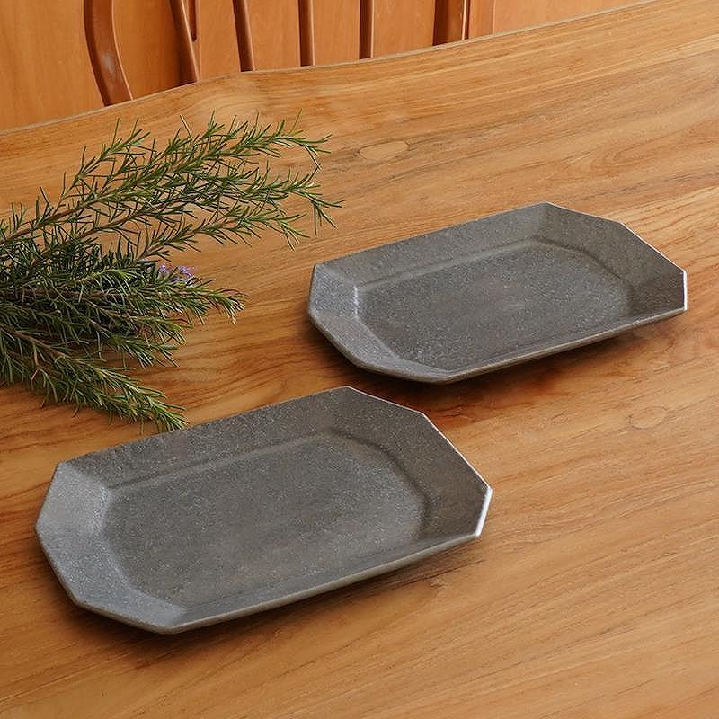 信楽焼　八角プレート（小） グレー釉 ２枚セット