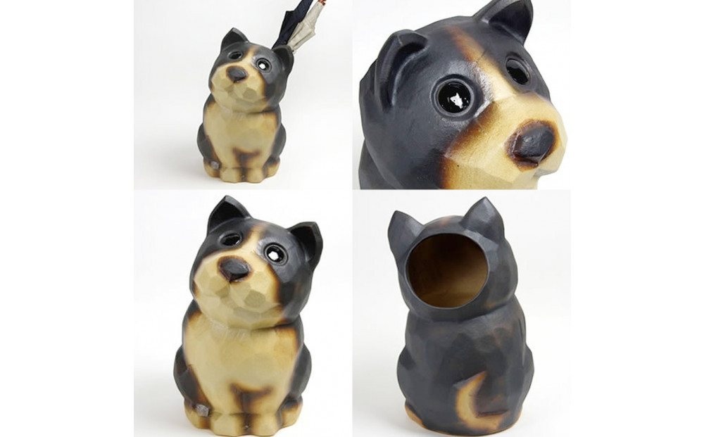 信楽焼 黒犬 陶器 傘立て