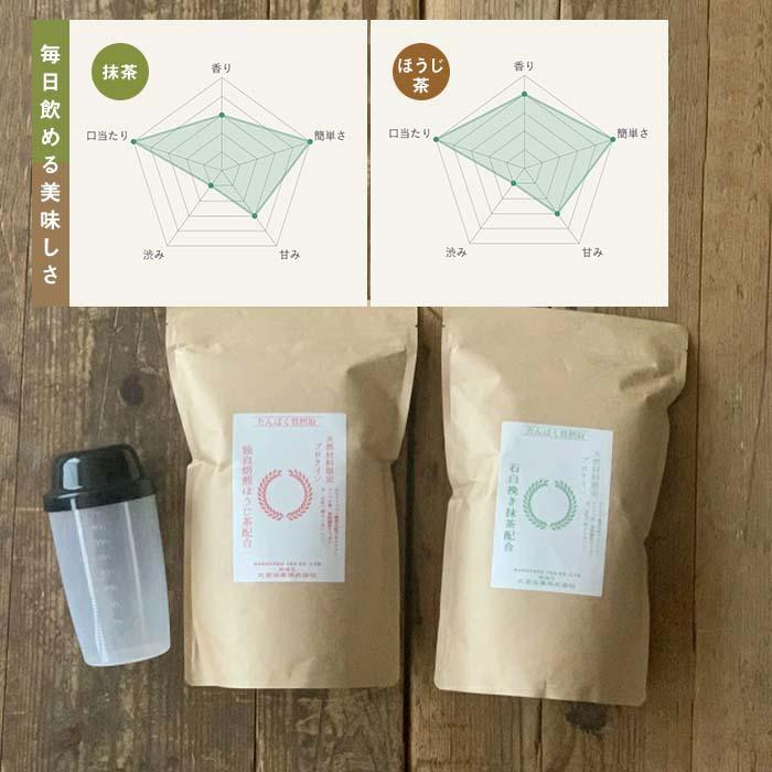 滋賀県産【お茶屋がつくる 抹茶プロテイン+お茶屋がつくる ほうじ茶プロテイン】900g×2（約2ヵ月分）シェイカー付