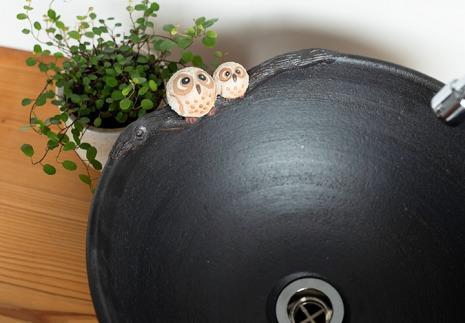 【信楽焼・明山】仲良しふくろう丸型手洗鉢(φ30cm)　washbowl-08