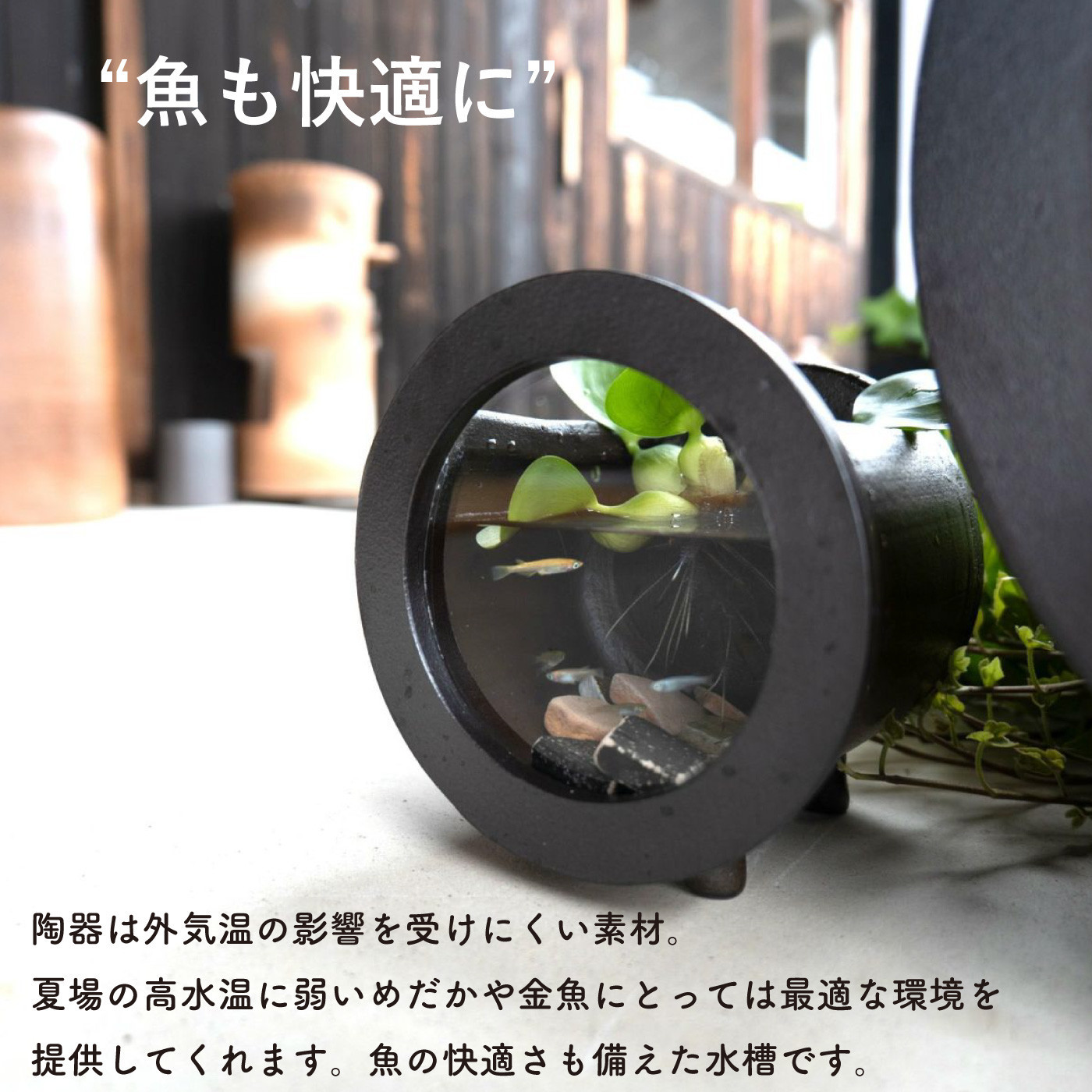 【信楽焼・明山】丸水槽・小（黒）　aqua-03s