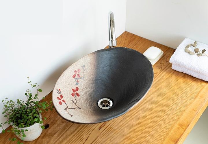 【信楽焼・明山】赤絵付楕円手洗鉢(W40cm)　washbowl-10