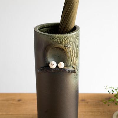 ビードロペアふくろう傘立　B155-01　信楽焼・明山