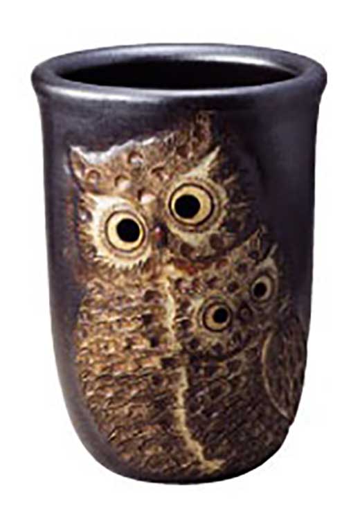 信楽焼傘立 ふくろう彫り いぶし L