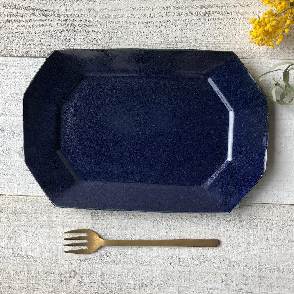 信楽焼　ルリ釉　八角プレート (大)【古谷製陶所】