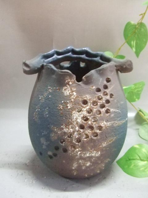 【信楽焼】ディープブルー手付花入れ　花入　花器　花瓶　　　nha-016