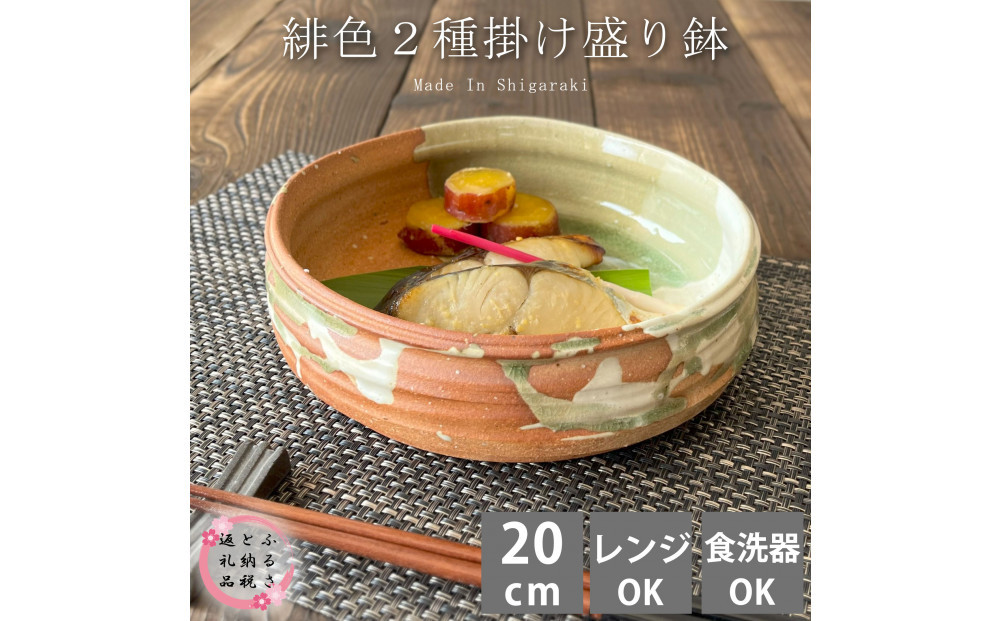 信楽焼　多用鉢（緋色2色掛け）盛り鉢 懐石料理 魚料理 煮物 皿 食器 20cm