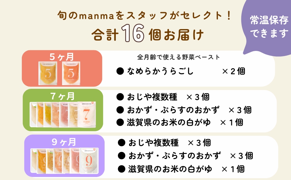 manma 四季のベビーフード [5か月・7か月・9か月] 16個セット｜国産 保存料不使用 おかゆ 離乳食 レトルト パウチ 赤ちゃん 滋賀県産 [0201]
