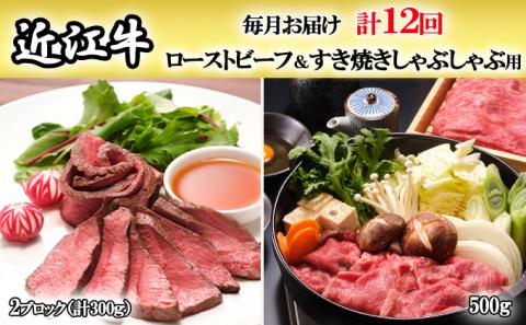近江牛 総重量9.6kg 12か月定期便 近江牛ローストビーフブロック2個＆すき焼用500gを12回お届け！[0179]