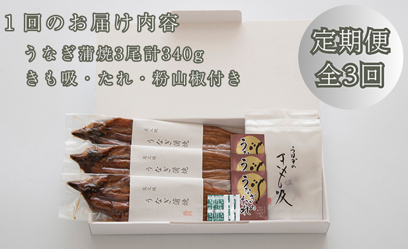 定期便3回【B-829】近江今津 西友 うなぎ炭火焼蒲焼 3尾／計約340ｇ・きも吸詰合せ B［高島屋選定品］