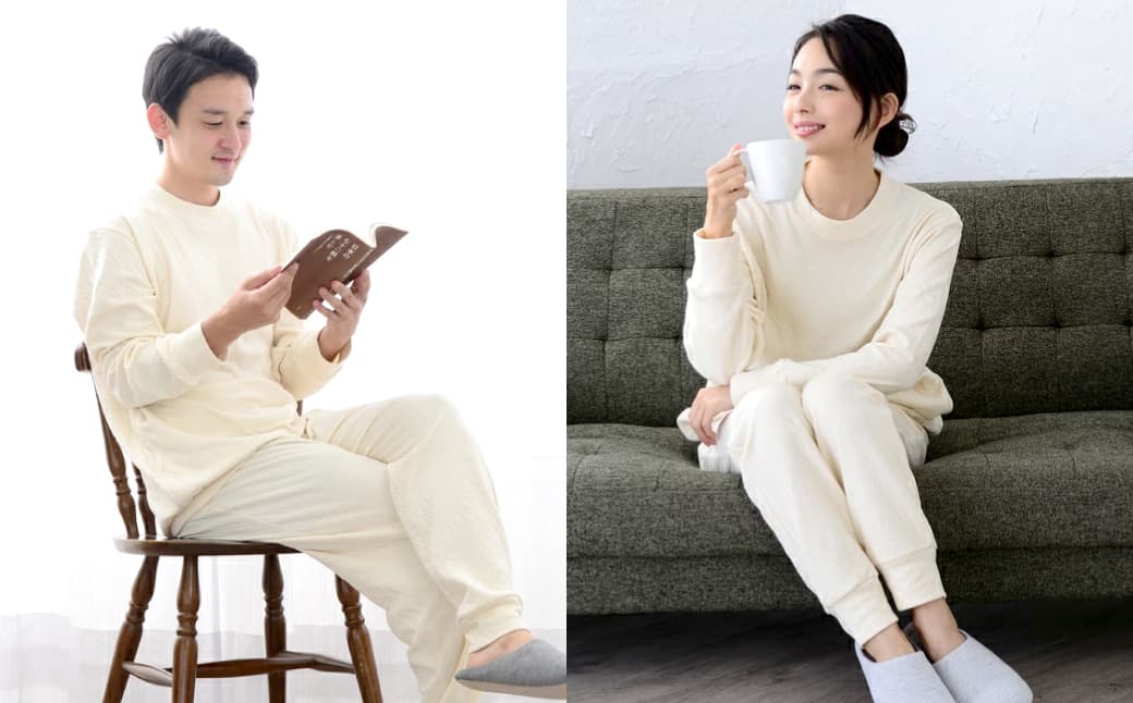 接結ニット 丸首かぶりタイプ 男女兼用パジャマ 株式会社ラブリー 滋賀県 東近江市 E-F03 パジャマ ルームウェア 部屋着 接結ニット オーガニックコットン 柔らか 伸縮性 リブ 敏感肌 快適