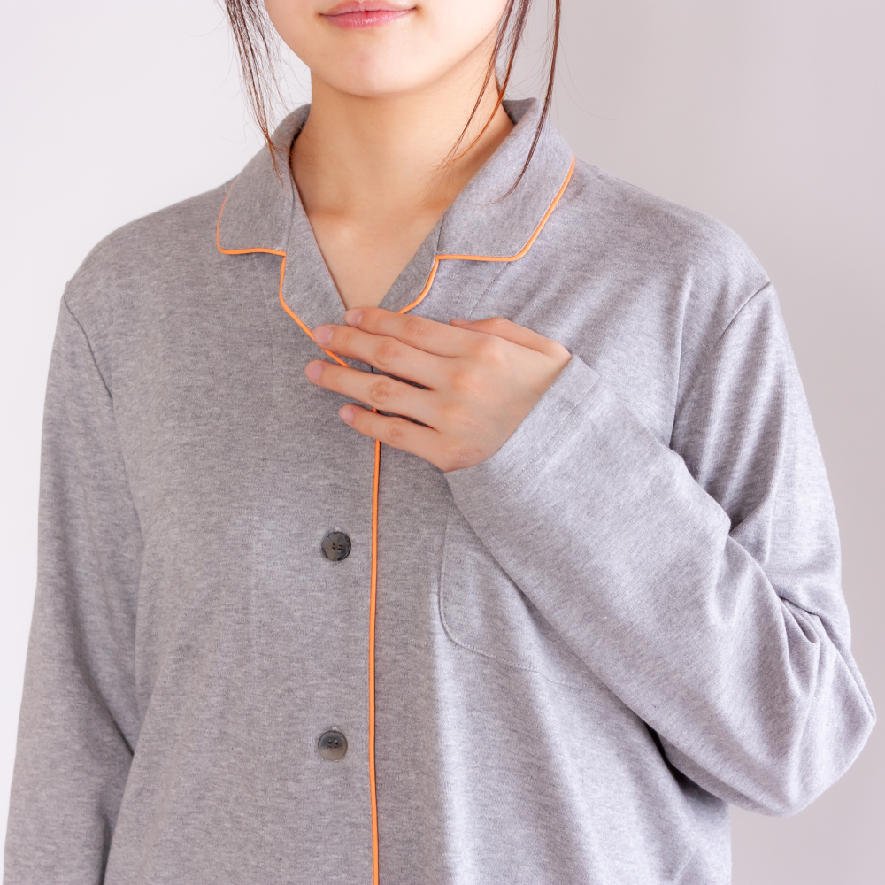 中厚スムースニット テーラーカラー前開きレディースパジャマ 株式会社ラブリー パジャマ工房 滋賀県 東近江市 E-C03 パジャマ レディース 綿100% オーガニックコットン 長袖