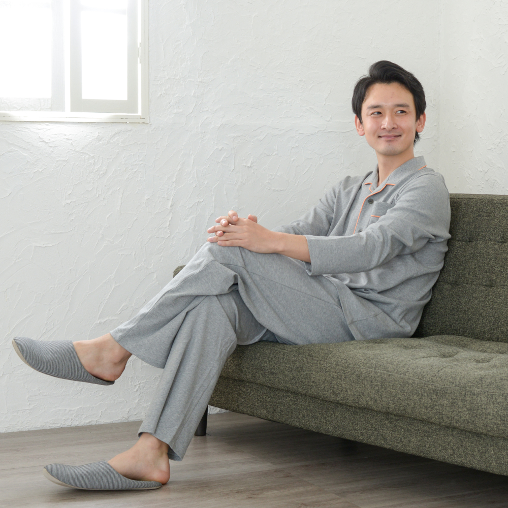中厚スムースニット テーラーカラー前開きメンズパジャマ 株式会社ラブリー パジャマ工房 滋賀県 東近江市 E-C04 パジャマ メンズ 綿100% オーガニックコットン 長袖 前開き