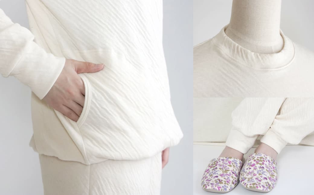 接結ニット 丸首かぶりタイプ 男女兼用パジャマ 株式会社ラブリー 滋賀県 東近江市 E-F03 パジャマ ルームウェア 部屋着 接結ニット オーガニックコットン 柔らか 伸縮性 リブ 敏感肌 快適