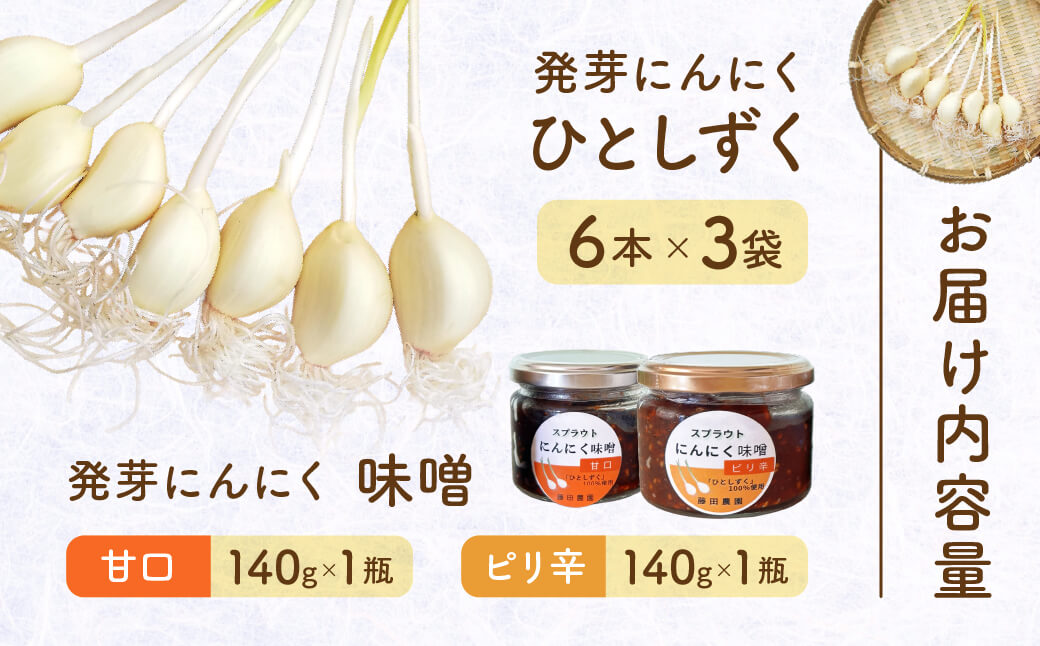 発芽にんにく6本入り3袋＋発芽にんにく味噌 甘口・ピリ辛 140ｇ1瓶ずつ 株式会社藤田電気工業（藤田農園） 滋賀県 東近江市 O-H15 発芽にんにく ひとしずく スプラウト にんにく 味噌 健康 美容 野菜 素揚げ 天ぷら ご飯のおとも ギフト プレゼント
