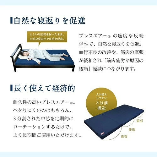 高反発 寝具 ブレスエアー製 敷布団「プレミアS」 近江化成工業株式会社 滋賀県 東近江市 AE08 高反発敷布団 マットレス シングル 体圧分散 洗える 抗菌 防臭 腰痛 肩こり 通気性 国産 快眠 寝姿勢サポート 三つ折り 高級 厚さ10cm