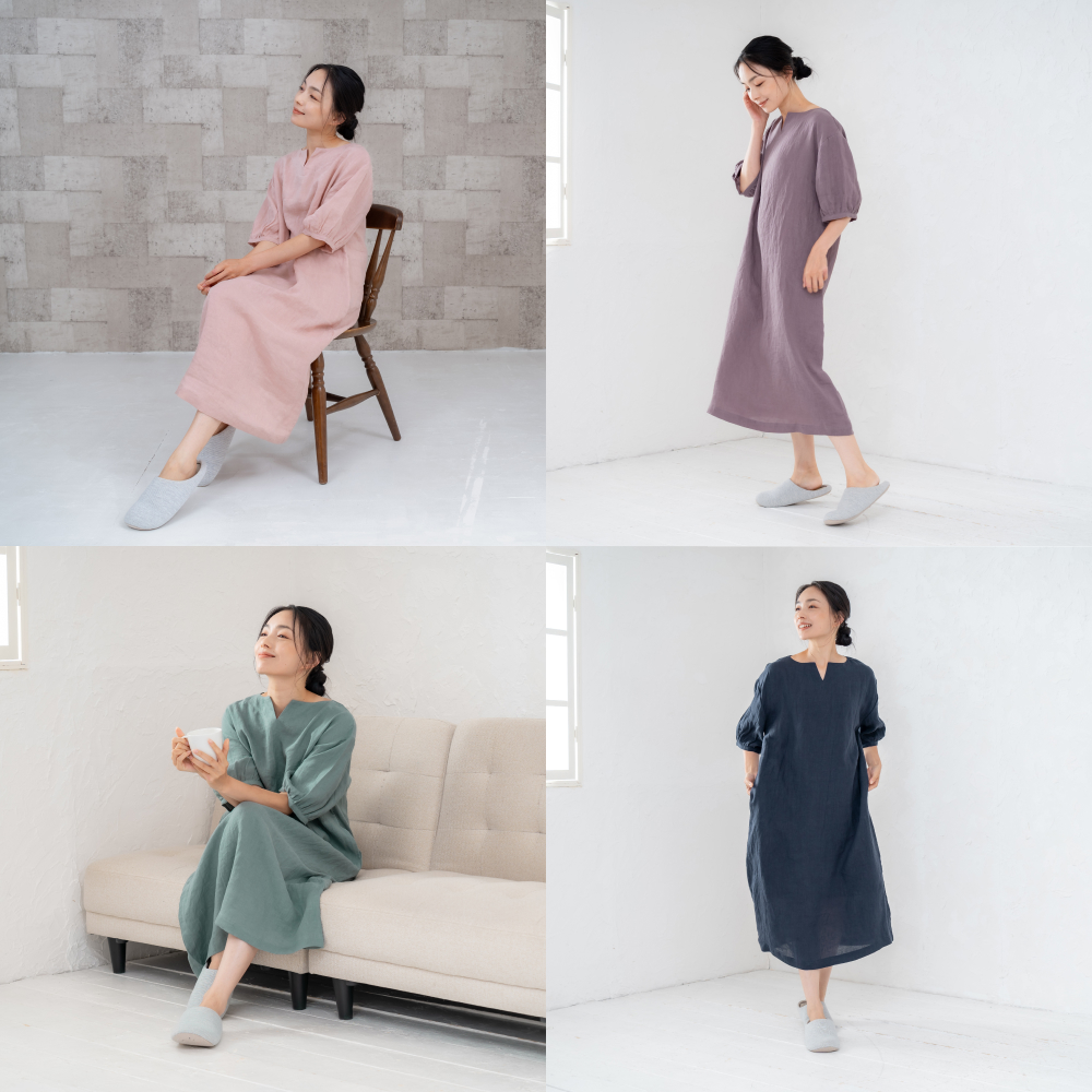 フレンチリネン キーネックかぶりタイプネグリジェ 株式会社ラブリー パジャマ工房 滋賀県 東近江市 E33 リネン100% 麻 レディース ネグリジェ パジャマ ワンピース