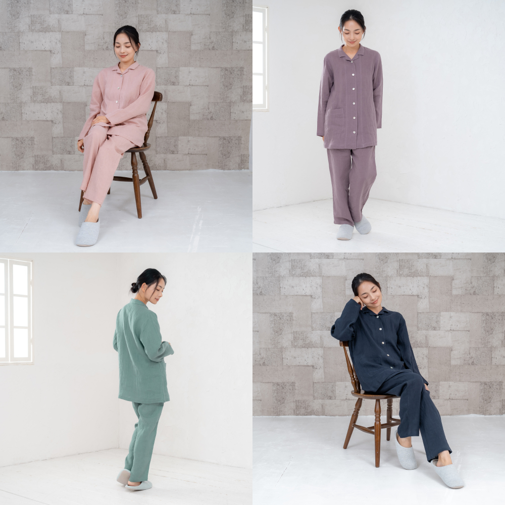 フレンチリネン テーラーカラー前開きレディースパジャマ 株式会社ラブリー パジャマ工房 滋賀県 東近江市 F07 パジャマ レディース 麻 リネン 100% 長袖 前開き 春 夏 涼しい 蒸れない ルームウェア 上下セット 日本製 寝間着