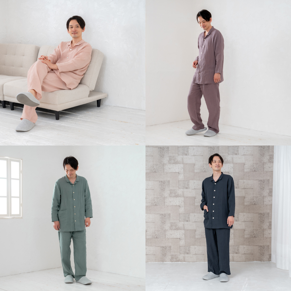 フレンチリネン テーラーカラー前開きメンズパジャマ 株式会社ラブリー パジャマ工房 滋賀県 東近江市 F09 パジャマ メンズ 麻100% リネン 涼しい 長袖 前開き