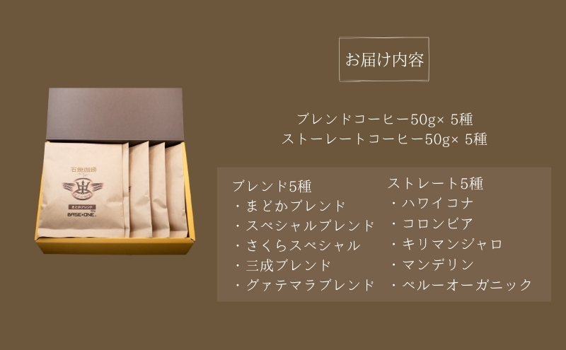 Cafe du MBF 自社焙煎・石焼き珈琲豆　50g×10種セット