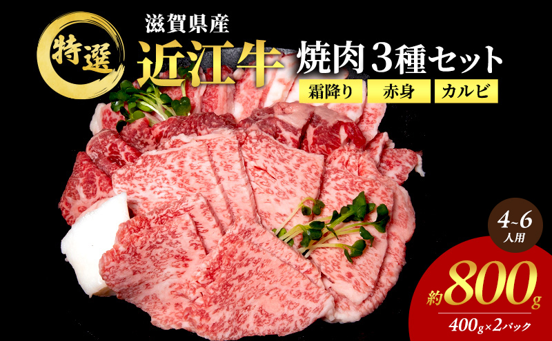【大容量！】近江牛 特選 焼肉 3種盛り 約800g(4～6人用)　国産　牛肉　牝牛　ブランド牛　2パック　滋賀県　豊郷町　BBQ　バーベキュー