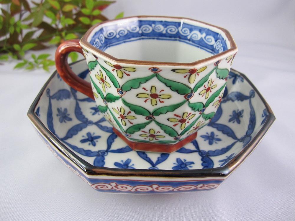 【京陶きよみず】清水焼 染付色絵七宝紋珈琲碗皿  カップ＆ソーサーセット